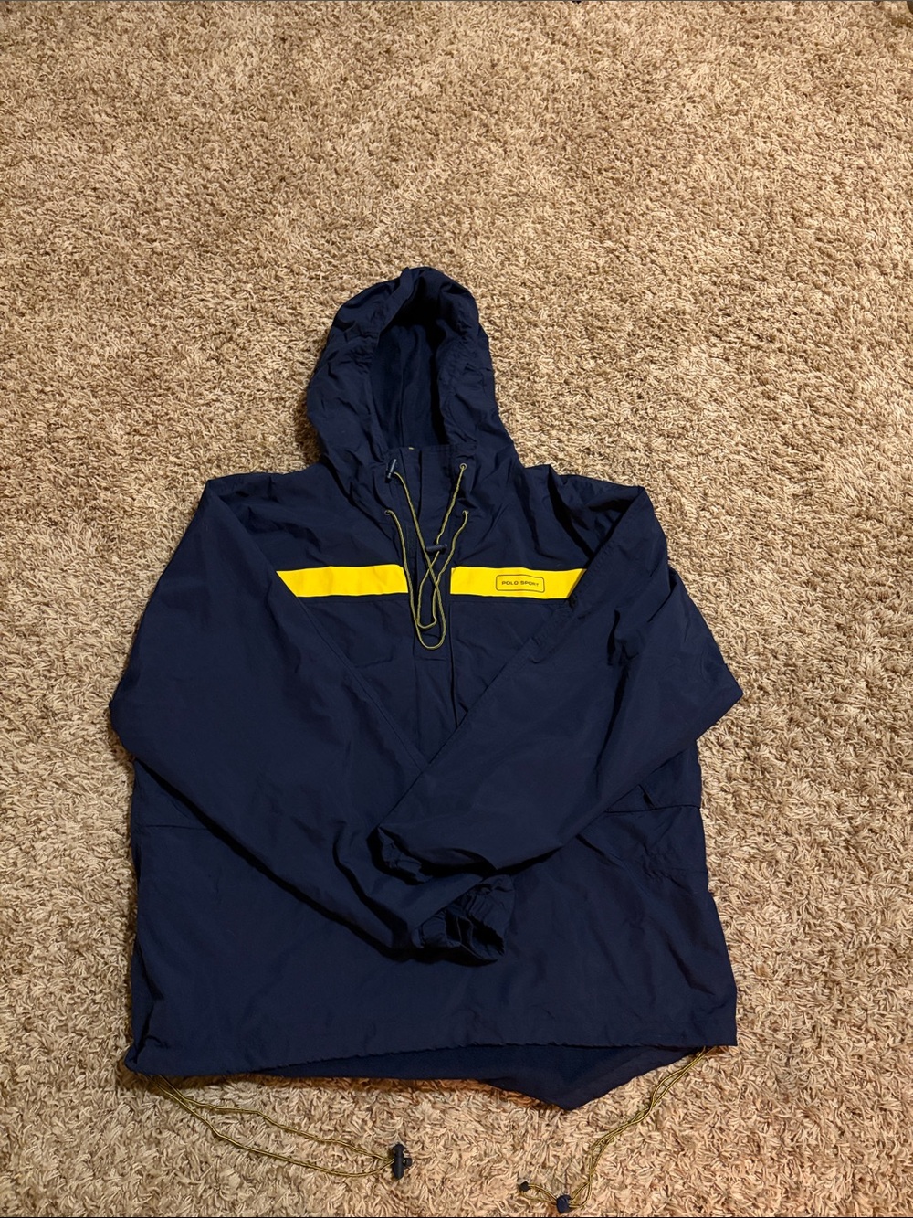 Men's/ Unisex Navy Polo Sport RL  Hooded Anorak Jacket with Yellow Accent